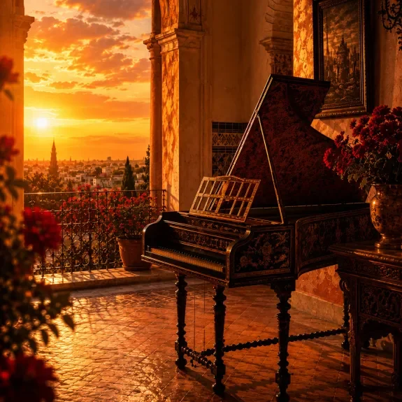 Clavecin dans une pièce baignée de la lumière du coucher de soleil