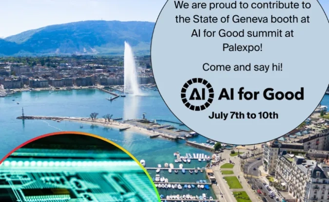 Jet d'eau avec bulle annonçant participation HES-SO Genève au sommet Intelligence Artificielle